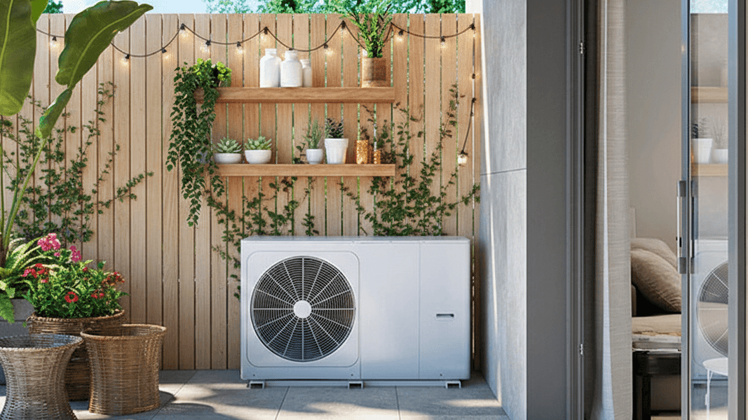 Aerotermia en pisos: instalación de unidad monobloc exterior en balcón con soportes.