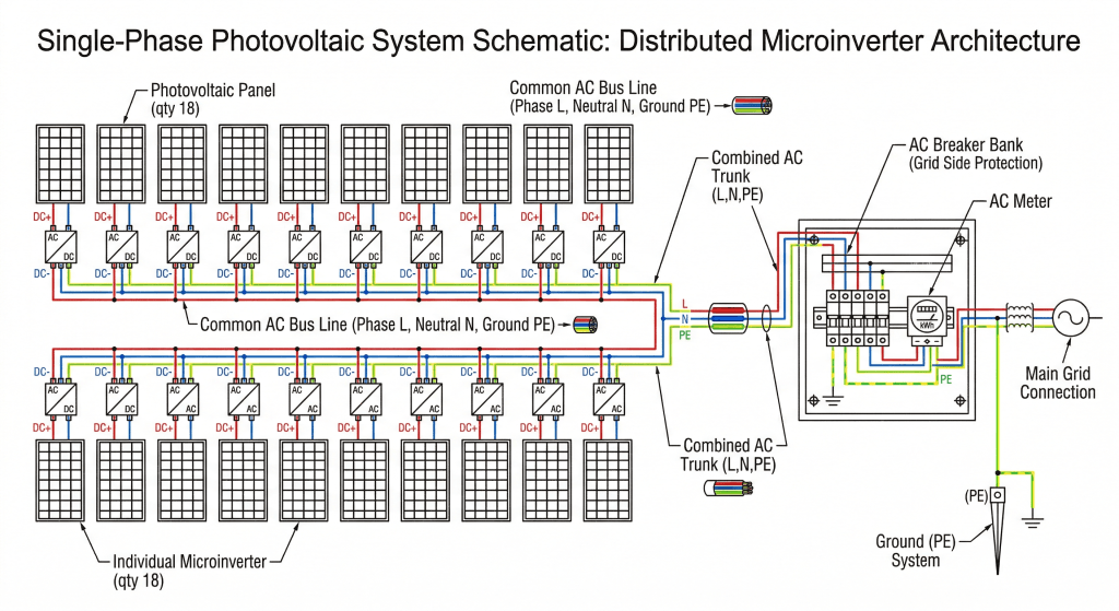 Diagrama de instalación fotovoltaica distribuida con microinversores en cada panel solar