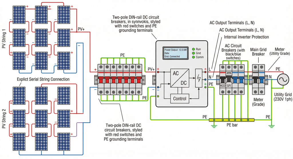 Esquema de arquitectura centralizada con inversor de cadena o string fotovoltaico
