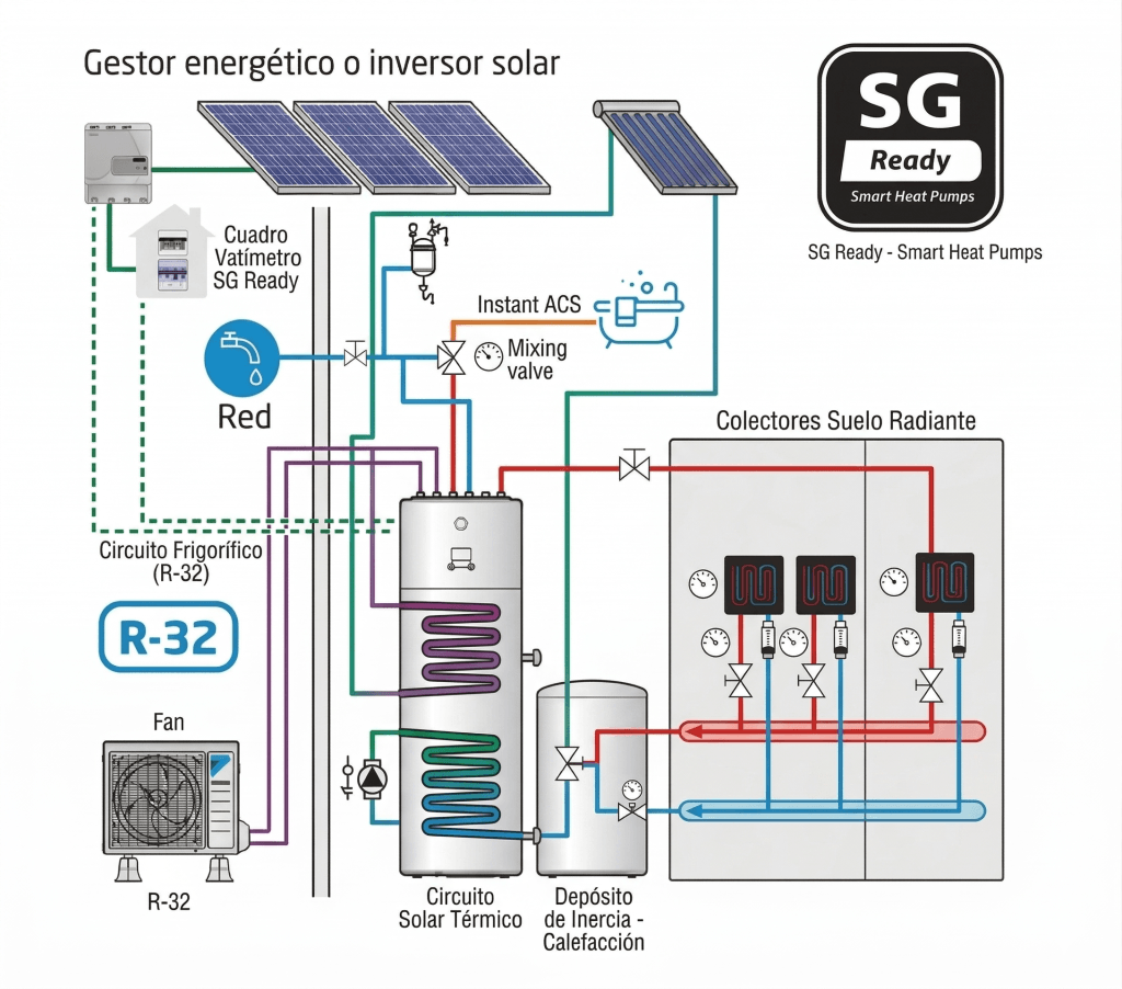 Diagrama técnico de conexión fotovoltaica-aerotermia