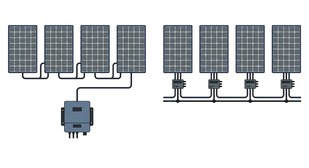 Esquema de conexionado comparativo entre instalación solar con inversor central y topología de microinversores en paralelo.